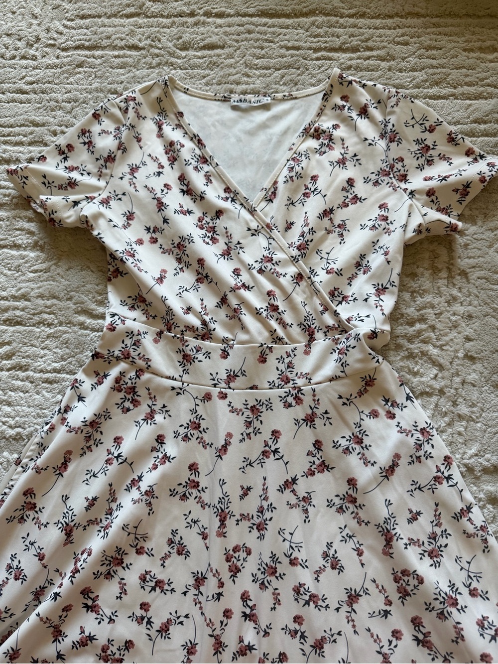 Floral Wrap-Style Cream Dress with Burgundy & Black Print - Picture 2 of 5